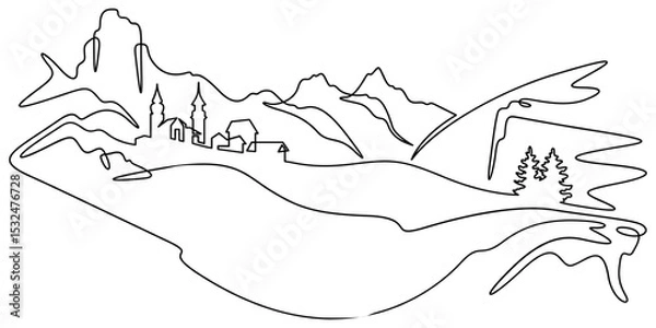 Fototapeta Continuous one line drawing temple in the mountains. Church on a rocky cliff. Religious building against the backdrop of nature. One continuous line isolated minimal illustration.Not AI.