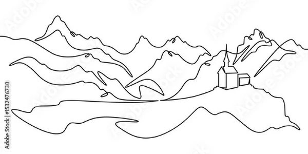 Fototapeta Continuous one line drawing temple in the mountains. Church on a rocky cliff. Religious building against the backdrop of nature. One continuous line isolated minimal illustration.Not AI.
