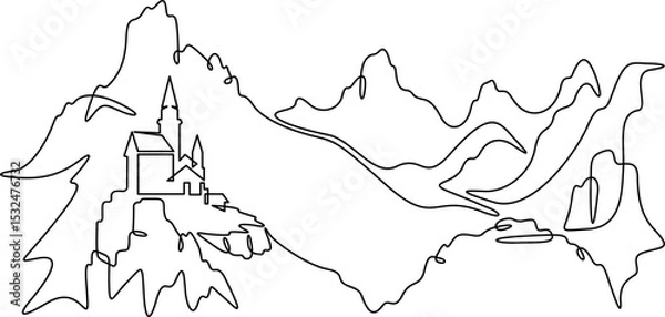 Fototapeta Continuous one line drawing temple in the mountains. Church on a rocky cliff. Religious building against the backdrop of nature. One continuous line isolated minimal illustration.Not AI.