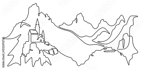 Fototapeta Continuous one line drawing temple in the mountains. Church on a rocky cliff. Religious building against the backdrop of nature. One continuous line isolated minimal illustration.Not AI.