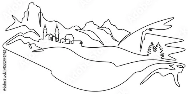 Fototapeta Continuous one line drawing temple in the mountains. Church on a rocky cliff. Religious building against the backdrop of nature. One continuous line isolated minimal illustration.Not AI.