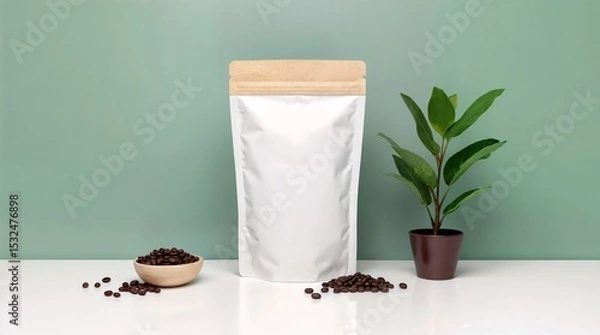 Fototapeta Coffee Bean Bag in Mockup: A modern and sleek, minimalist mockup showcasing a stylish coffee bean bag next to a potted plant and a small wooden bowl.