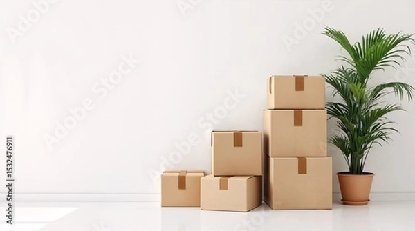 Fototapeta Moving Day Arrangement: A neatly arranged stack of cardboard boxes, symbolizing transition and new beginnings, stands alongside a potted plant against a pristine wall.