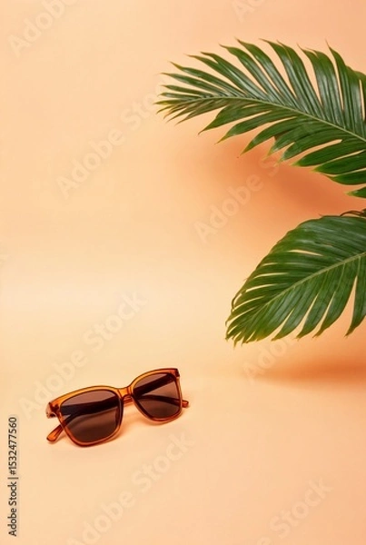 Fototapeta Sunglasses and Palm Fronds: Stylish sunglasses rest against pastel backdrop, with tropical palm fronds adding touch of summer, evoking leisurely getaway vibe.
