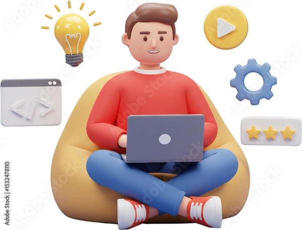 Obraz Man working on laptop 3D illustration coding idea play settings rating symbols