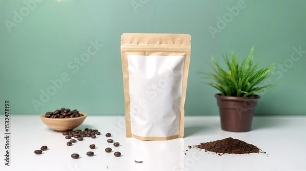 Fototapeta Fresh Brew Bliss: An inviting tableau features a coffee bag set, with a vibrant splash of nature. Discover the essence of a perfect blend, ideal for design inspiration.