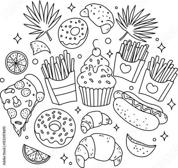 Fototapeta Black and white line art illustration of junk food favorites for kids coloring page. This hand-drawn design includes pizza, fries, donuts, a cupcake, and croissants arranged in a fun circular pattern.