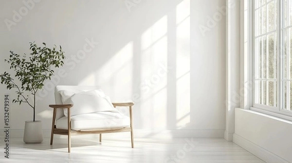 Fototapeta A minimalist, bright room features a wooden armchair with white cushions beside a potted plant, illuminated by sunlight from large windows.