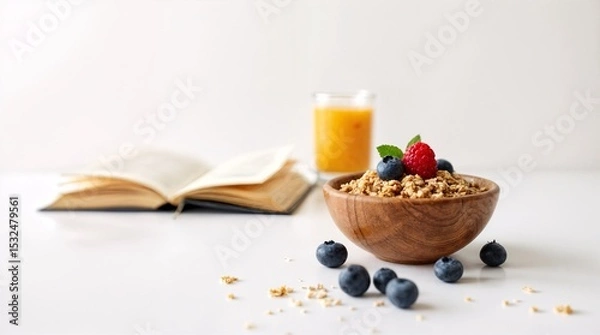 Fototapeta Morning Ritual: A bowl of granola with fresh berries and a glass of orange juice sits beside an open book, suggesting a peaceful and healthy start to the day.