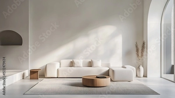 Fototapeta A minimalist living room with a white sectional sofa, wooden coffee table, neutral rug, and natural light from large arched windows.