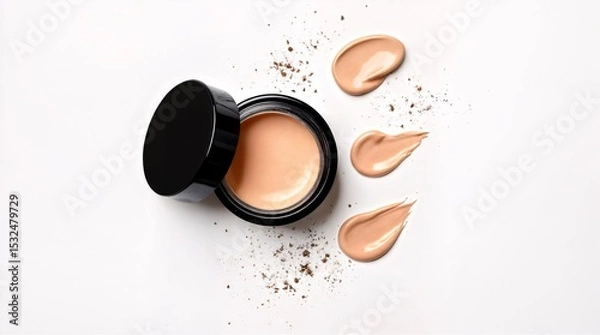 Fototapeta Foundation with swatches: The smooth texture of the foundation cream with elegant jar and with foundation swatches, displaying different shades for perfect skin coverage, evoking the art of cosmetics.