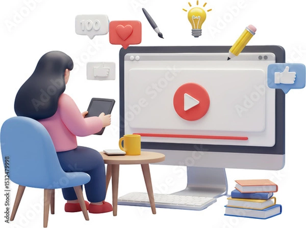 Obraz Woman using tablet watching online video on desktop computer social media icons books and stationery nearby