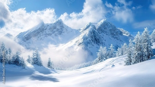 Fototapeta Snow-covered mountains and pine trees under a bright blue sky with clouds, creating a serene winter landscape.