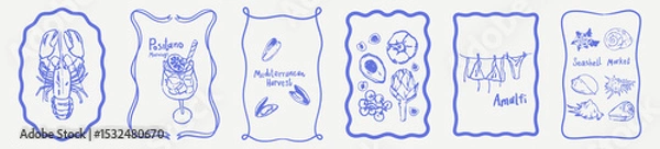 Obraz Summer chalk nautical poster set. Hand drawn marine wall blue coastal print with rough crayon sketched elements. Exotic seashell, lobster, mussels. Tropical sea vacation vector for travel postcard. 