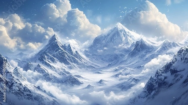 Fototapeta Snow-covered mountain peaks rise above a sea of clouds under a bright, partly cloudy sky with birds flying overhead.