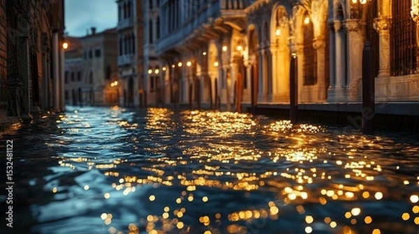 Fototapeta Evening view of a historic city street flooded with water, reflecting warm lights from ornate buildings along the canal.
