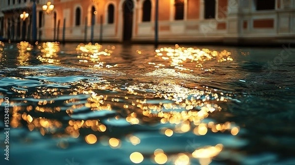 Fototapeta Golden lights shimmer on flooded water reflecting a historic building's illuminated facade at night.