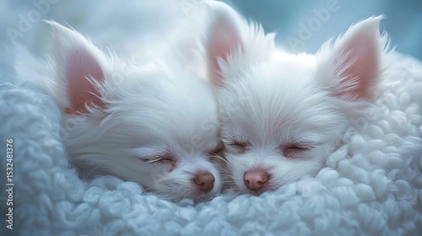Fototapeta Two white puppies sleeping closely together on a soft, textured blanket, exuding warmth and serenity.