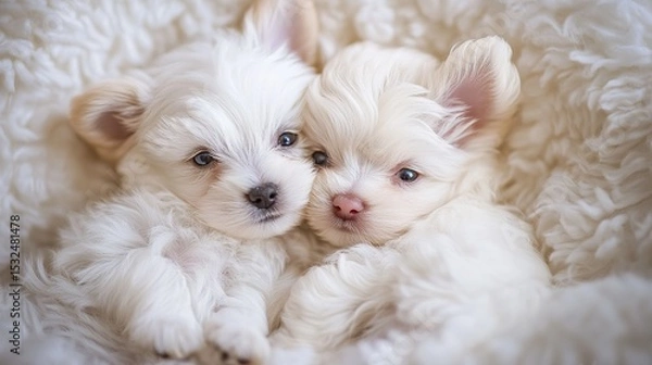 Fototapeta Two small, fluffy white puppies snuggle closely together on a soft, cozy blanket.