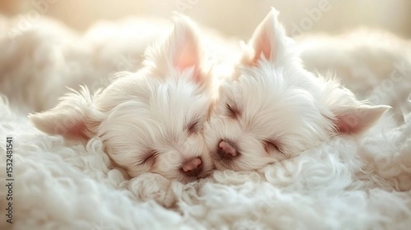 Fototapeta Two small white puppies peacefully sleeping close together on a soft, cozy blanket.