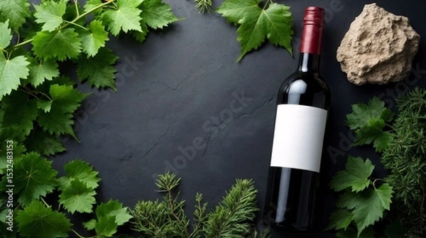 Fototapeta Aromatic Wine Still Life: A dark, atmospheric composition centers around a bottle of rich red wine, elegantly framed by vibrant green leaves, creating an invitation to sophistication.