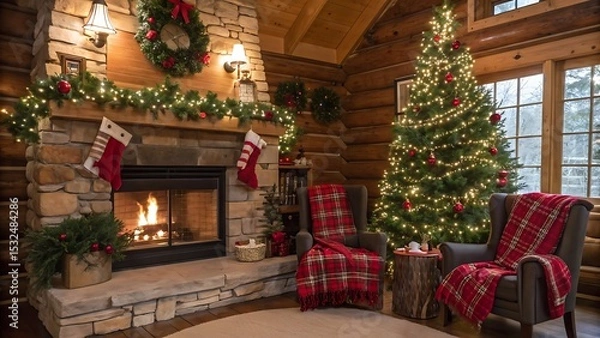 Obraz christmas tree with fireplace