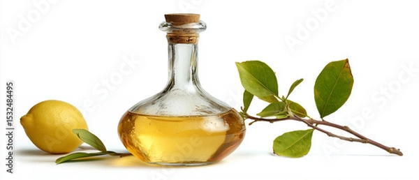 Fototapeta lemon vinaigrette dressing in aesthetic glass bottle and lemon decor isolated over white background