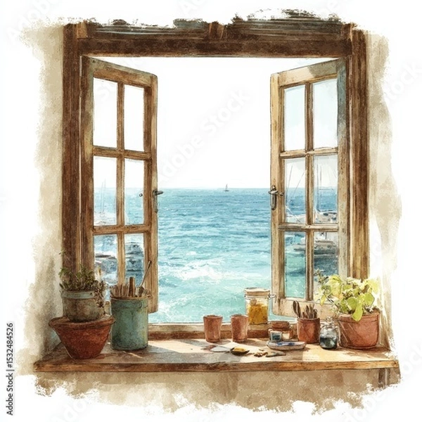 Fototapeta Watercolor Painting: Open Window with Sea View.