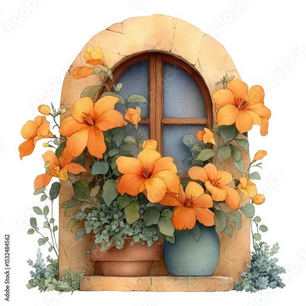 Fototapeta Rustic Arched Window with Vibrant Orange Flowers