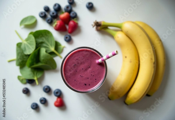 Fototapeta Berry Smoothie with Straw and Banana on White Table