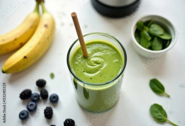Fototapeta Green Smoothie with Straw on Minimal Background