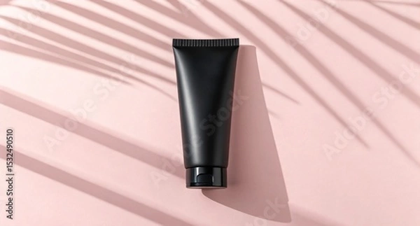 Fototapeta Matte Black Cosmetic Tube on Pink Background Stylish Skincare Packaging Mockup with Palm Shadows for Modern Beauty Product Display