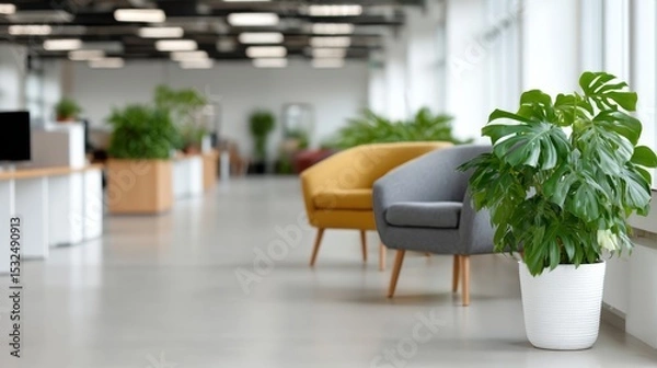 Fototapeta Large open office space with a white plant in a white pot and two chairs. The chairs are yellow and gray
