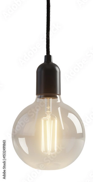 Fototapeta Glowing pendant bulb light with clear glass and black socket hanging from cord