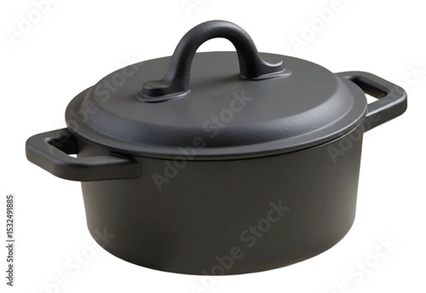 Fototapeta Black cast iron pot with lid and handles, perfect for cooking and slow simmering