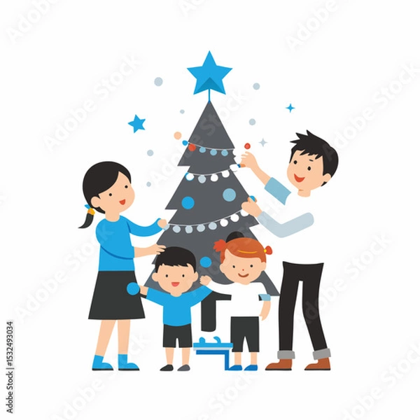 Obraz Colorful illustration of a family decorating a Christmas tree together, creating a festive holiday atmosphere
