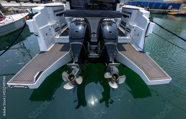 Fototapeta Close-up view of a luxury boat's twin outboard motors docked at marina. Clean, modern design with reflections on water and sunny weather.