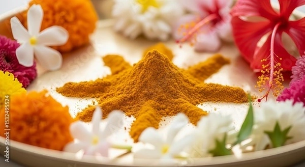 Fototapeta Close-up of turmeric and flowers arranged in decorative tray for Ganesha Chaturthi puja celebration