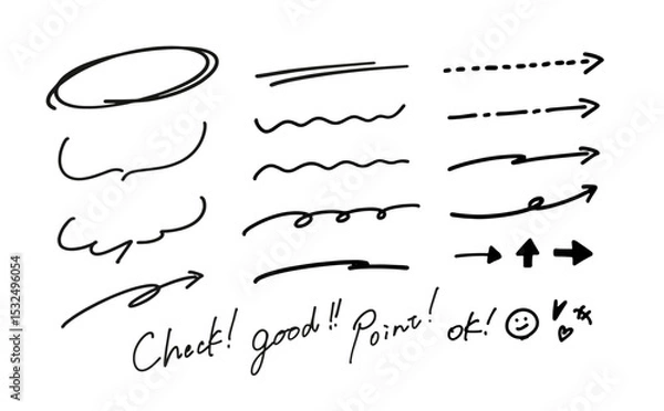 Obraz ペン風手書き矢印とあしらいのベクターイラストセット (線画・モノクロ)