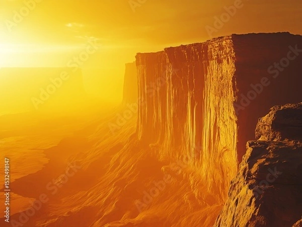 Fototapeta dramatic martian landscape with a steep cliff under a golden sky. The warm tones give it a surreal and almost otherworldly appearance.