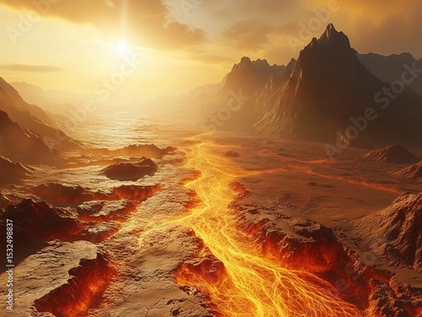 Fototapeta dramatic martian landscape with flowing lava under a sunset or sunrise sky. The vibrant colors and rugged terrain create a striking and intense scene.