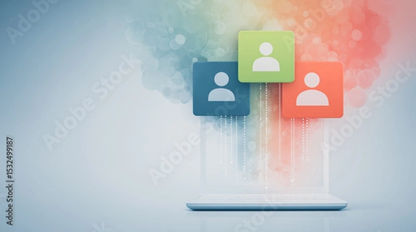 Obraz Networking Icon: A digital artwork visualizing interconnectedness. Icons of people are floating from a laptop screen with a spectrum of vibrant colors.