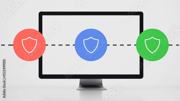 Fototapeta Digital Shield: Three colorful shield icons – red, blue, and green – flank a modern monitor, symbolizing the protection of data and information against potential threats.