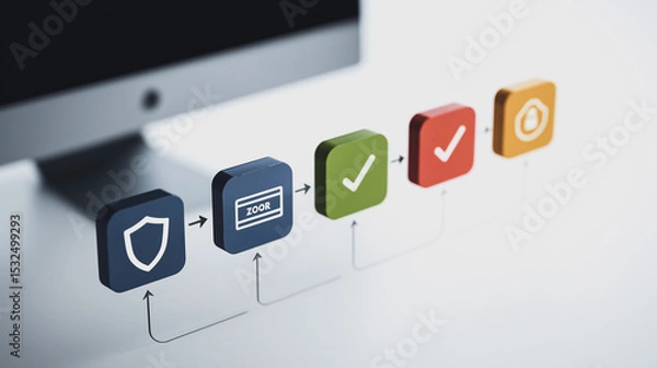 Fototapeta E-commerce Process: Seamless visual representation of an e-commerce process, with colorful icons and modern design. Depicting online security and transaction processing.