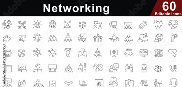 Fototapeta Networking Line Icons Set - Connection, Communication, Teamwork & Global Network Symbols