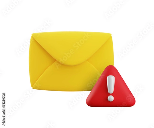 Fototapeta Vector cartoon 3d email error icon. Realistic 3d render of yellow envelope with red triangle exclamation mark. Spam warning mail sign, important information notification, alert mail system concept.