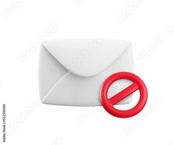 Fototapeta Vector cartoon 3d no spam icon. Realistic 3d render of white envelope with red circle prohibition sign. No mail sign, forbidden mailing, do not send message notification, restriction sticker.