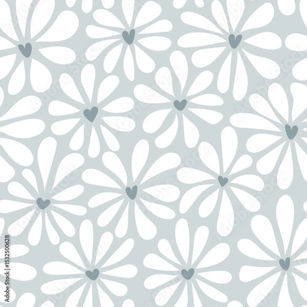 Fototapeta Vector groovy style chamomile seamless pattern. White flowers with a heart shaped core on grey background. Floral retro print for Valentines day wallpaper, fashion print design, fabric, textile, decor