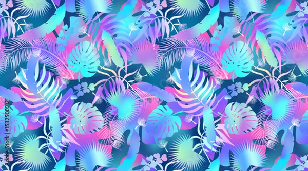 Fototapeta Abstract palm leaves pattern background. Vector holographic neon tropical jungle texture. Abstract palm leaf silhouettes summer night gradient print for exotic wallpapers, wrapping, backdrop, decor.