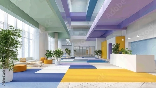 Fototapeta A large, modern white office interior with high ceilings and glass windows, featuring an open-space design. The room is filled with bright colors like green, blue, purple, orange.